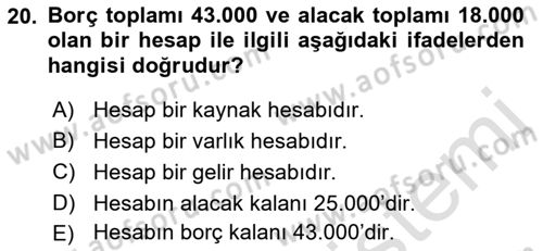 Genel Muhasebe Dersi 2023 - 2024 Yılı (Vize) Ara Sınav Soruları 20. Soru
