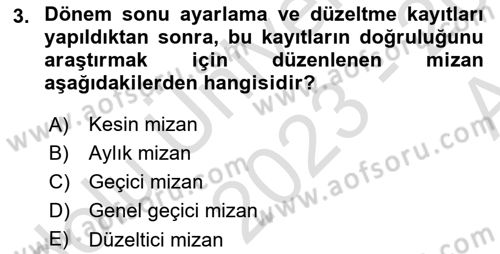 Genel Muhasebe Dersi Ara Sınavı Deneme Sınav Soruları 3. Soru