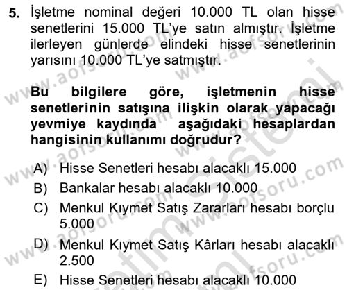 Genel Muhasebe Dersi Ara Sınavı Deneme Sınav Soruları 5. Soru