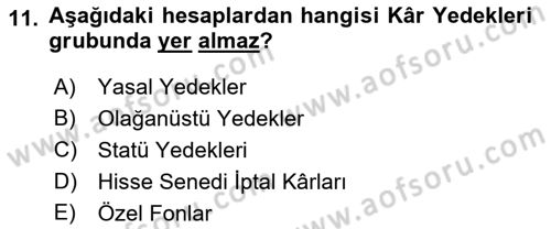 Genel Muhasebe Dersi 2023 - 2024 Yılı (Final) Dönem Sonu Sınav Soruları 11. Soru