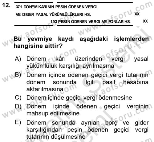 Genel Muhasebe Dersi 2023 - 2024 Yılı (Final) Dönem Sonu Sınav Soruları 12. Soru