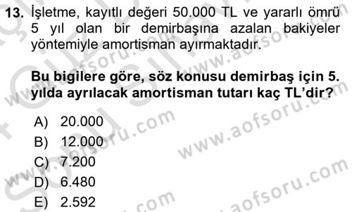 Genel Muhasebe Dersi 2023 - 2024 Yılı (Final) Dönem Sonu Sınav Soruları 13. Soru