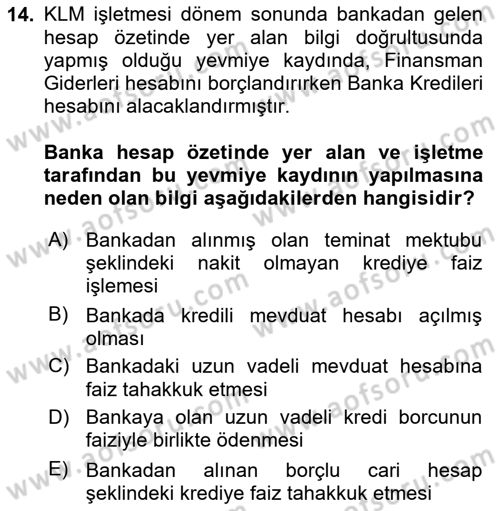 Genel Muhasebe Dersi 2023 - 2024 Yılı (Final) Dönem Sonu Sınav Soruları 14. Soru