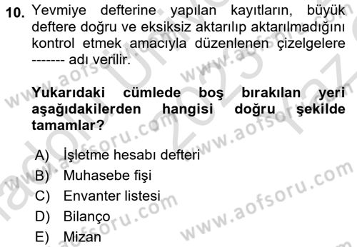 Genel Muhasebe Dersi 2023 - 2024 Yılı Yaz Okulu Sınav Soruları 10. Soru