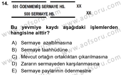 Genel Muhasebe Dersi 2023 - 2024 Yılı Yaz Okulu Sınav Soruları 14. Soru