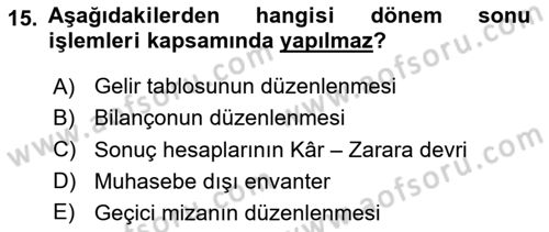 Genel Muhasebe Dersi 2023 - 2024 Yılı Yaz Okulu Sınav Soruları 15. Soru