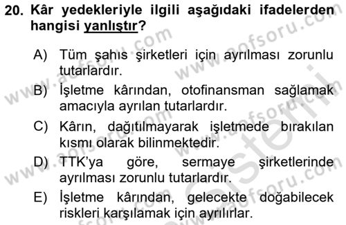 Genel Muhasebe Dersi 2023 - 2024 Yılı Yaz Okulu Sınav Soruları 20. Soru