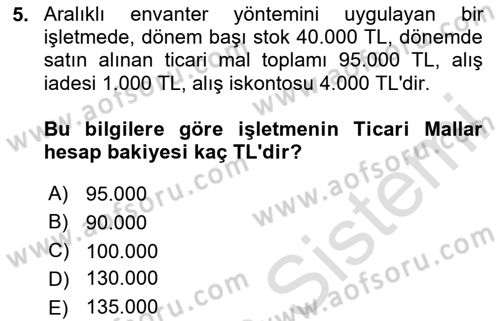 Genel Muhasebe Dersi 2023 - 2024 Yılı Yaz Okulu Sınav Soruları 5. Soru