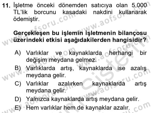 Genel Muhasebe Dersi 2024 - 2025 Yılı (Vize) Ara Sınav Soruları 11. Soru