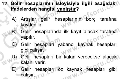 Genel Muhasebe Dersi 2024 - 2025 Yılı (Vize) Ara Sınav Soruları 12. Soru