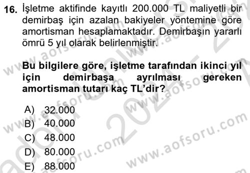 Genel Muhasebe Dersi 2024 - 2025 Yılı (Vize) Ara Sınav Soruları 16. Soru