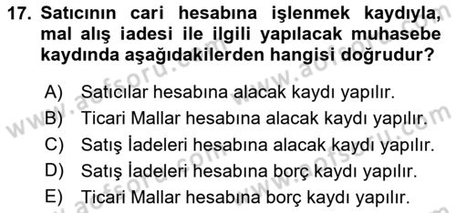 Genel Muhasebe Dersi 2024 - 2025 Yılı (Vize) Ara Sınav Soruları 17. Soru