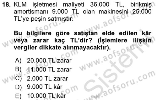 Genel Muhasebe Dersi 2024 - 2025 Yılı (Vize) Ara Sınav Soruları 18. Soru