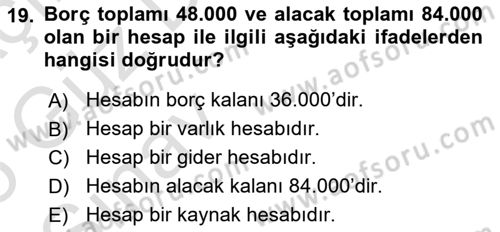 Genel Muhasebe Dersi 2024 - 2025 Yılı (Vize) Ara Sınav Soruları 19. Soru