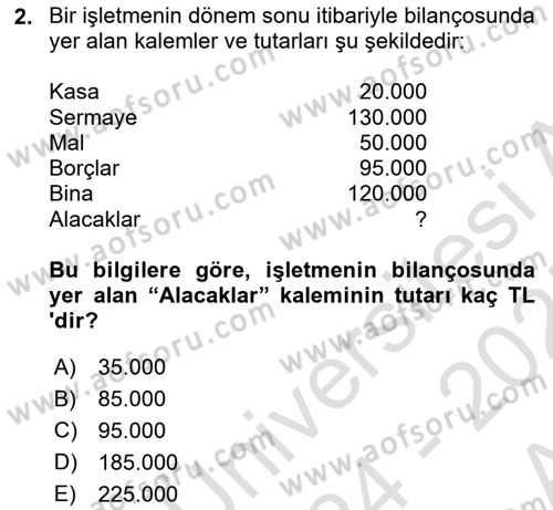 Genel Muhasebe Dersi 2024 - 2025 Yılı (Vize) Ara Sınav Soruları 2. Soru