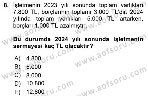 Genel Muhasebe Dersi Ara Sınavı Deneme Sınav Soruları 8. Soru