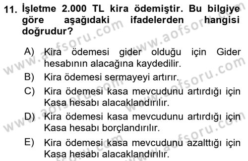 Genel Muhasebe Dersi 2024 - 2025 Yılı (Final) Dönem Sonu Sınav Soruları 11. Soru