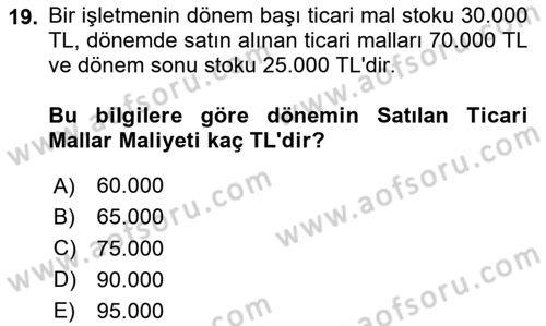Genel Muhasebe Dersi 2024 - 2025 Yılı (Final) Dönem Sonu Sınav Soruları 19. Soru
