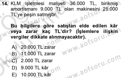 Genel Muhasebe Dersi 2024 - 2025 Yılı Yaz Okulu Sınav Soruları 14. Soru