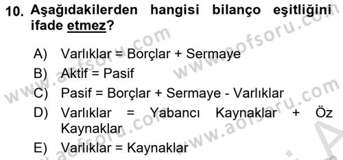 Genel Muhasebe Dersi 2025 - 2026 Yılı (Vize) Ara Sınav Soruları 10. Soru