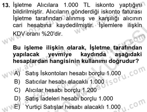 Genel Muhasebe Dersi 2025 - 2026 Yılı (Vize) Ara Sınav Soruları 13. Soru