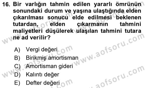 Genel Muhasebe Dersi 2025 - 2026 Yılı (Vize) Ara Sınav Soruları 16. Soru