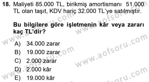 Genel Muhasebe Dersi 2025 - 2026 Yılı (Vize) Ara Sınav Soruları 18. Soru