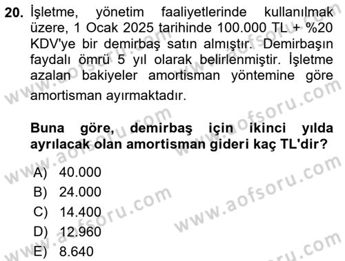 Genel Muhasebe Dersi 2025 - 2026 Yılı (Vize) Ara Sınav Soruları 20. Soru