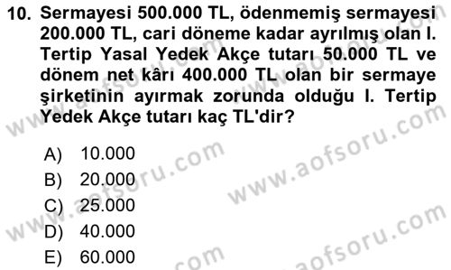 Genel Muhasebe Dersi 2025 - 2026 Yılı (Final) Dönem Sonu Sınav Soruları 10. Soru