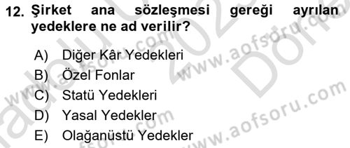 Genel Muhasebe Dersi 2025 - 2026 Yılı (Final) Dönem Sonu Sınav Soruları 12. Soru
