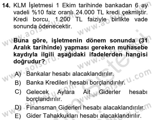 Genel Muhasebe Dersi 2025 - 2026 Yılı (Final) Dönem Sonu Sınav Soruları 14. Soru