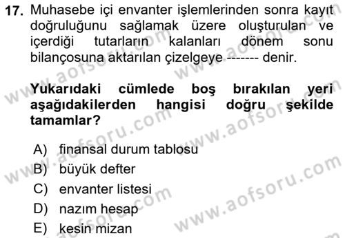 Genel Muhasebe Dersi 2025 - 2026 Yılı (Final) Dönem Sonu Sınav Soruları 17. Soru