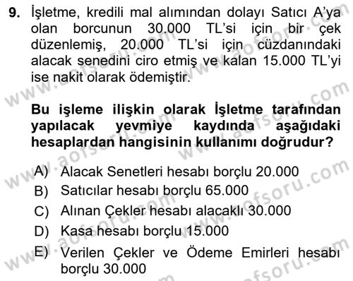 Genel Muhasebe Dersi 2025 - 2026 Yılı (Final) Dönem Sonu Sınav Soruları 9. Soru