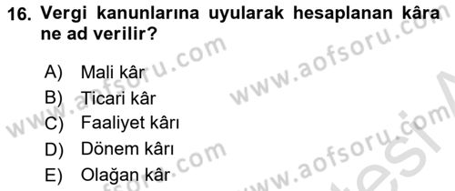 Genel Muhasebe Dersi 2025 - 2026 Yılı Yaz Okulu Sınav Soruları 16. Soru
