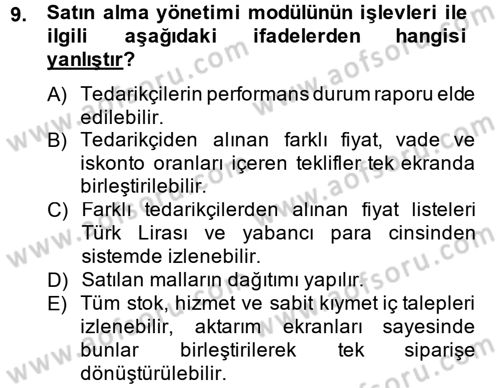 Ön Muhasebe Yazılımları Ve Kullanımı Dersi 2013 - 2014 Yılı Tek Ders Sınav Soruları 9. Soru