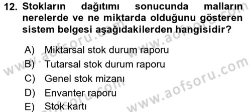 Ön Muhasebe Yazılımları Ve Kullanımı Dersi 2015 - 2016 Yılı (Vize) Ara Sınav Soruları 12. Soru