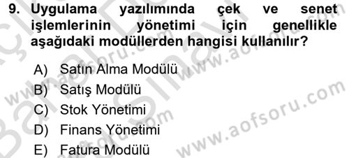 Ön Muhasebe Yazılımları Ve Kullanımı Dersi 2015 - 2016 Yılı (Final) Dönem Sonu Sınav Soruları 9. Soru