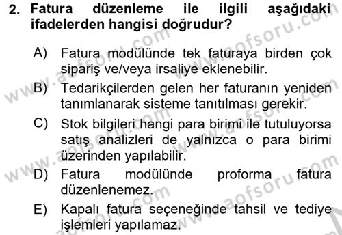 Ön Muhasebe Yazılımları Ve Kullanımı Dersi 2016 - 2017 Yılı 3 Ders Sınav Soruları 2. Soru