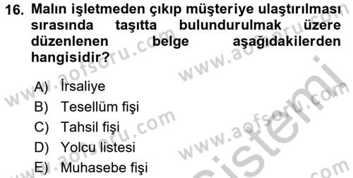 Ön Muhasebe Yazılımları Ve Kullanımı Dersi 2016 - 2017 Yılı (Vize) Ara Sınav Soruları 16. Soru