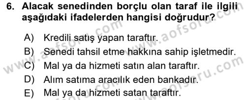 Ön Muhasebe Yazılımları Ve Kullanımı Dersi 2016 - 2017 Yılı (Final) Dönem Sonu Sınav Soruları 6. Soru