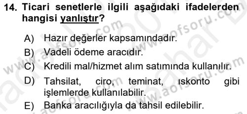 Ön Muhasebe Yazılımları Ve Kullanımı Dersi 2017 - 2018 Yılı (Vize) Ara Sınav Soruları 14. Soru