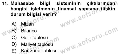 Ön Muhasebe Yazılımları Ve Kullanımı Dersi 2018 - 2019 Yılı (Vize) Ara Sınav Soruları 11. Soru