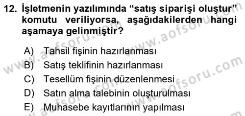 Ön Muhasebe Yazılımları Ve Kullanımı Dersi 2018 - 2019 Yılı Yaz Okulu Sınav Soruları 12. Soru