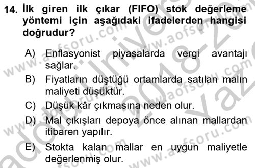 Ön Muhasebe Yazılımları Ve Kullanımı Dersi 2018 - 2019 Yılı Yaz Okulu Sınav Soruları 14. Soru