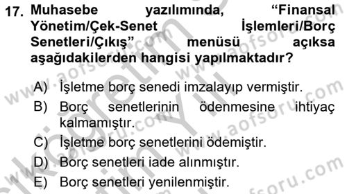 Ön Muhasebe Yazılımları Ve Kullanımı Dersi 2018 - 2019 Yılı Yaz Okulu Sınav Soruları 17. Soru