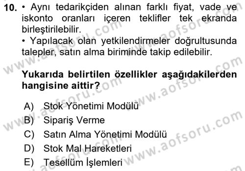 Ön Muhasebe Yazılımları Ve Kullanımı Dersi 2020 - 2021 Yılı Yaz Okulu Sınav Soruları 10. Soru