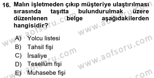 Ön Muhasebe Yazılımları Ve Kullanımı Dersi 2021 - 2022 Yılı Yaz Okulu Sınav Soruları 16. Soru