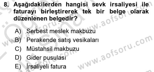 Ön Muhasebe Yazılımları Ve Kullanımı Dersi 2021 - 2022 Yılı Yaz Okulu Sınav Soruları 8. Soru