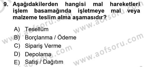 Ön Muhasebe Yazılımları Ve Kullanımı Dersi 2021 - 2022 Yılı Yaz Okulu Sınav Soruları 9. Soru