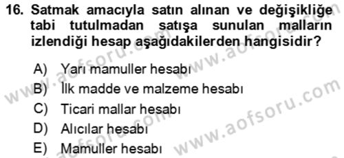 Ön Muhasebe Yazılımları Ve Kullanımı Dersi 2023 - 2024 Yılı (Vize) Ara Sınav Soruları 16. Soru